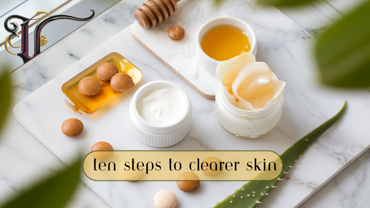 A collection of natural skincare ingredients, including honey, yogurt, aloe vera, and crushed aspirin, displayed on a marble surface with a clean, bright aesthetic.