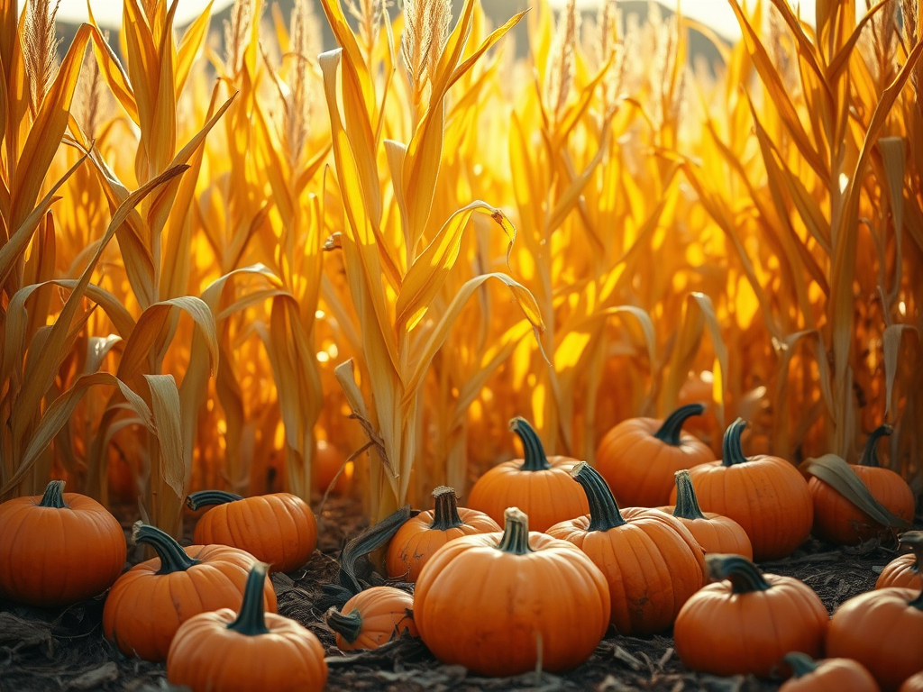 Pumpkins and Cornstalks in a Field