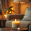 Lit candles sit on a table in a dimly lit room