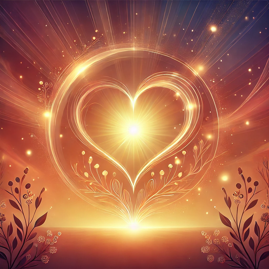 a Glowing Heart Surrounded by Soft Radiant Light Symbolizing Love Unity and Maternal Care the Serene Background Features a Sunset Gradient with Delicate Floral Accents Evoking Peace and Connection