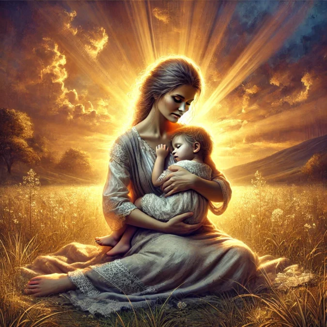 A serene illustration of a mother holding her child in a lush field at sunset symbolizing resilience love and maternal devotion