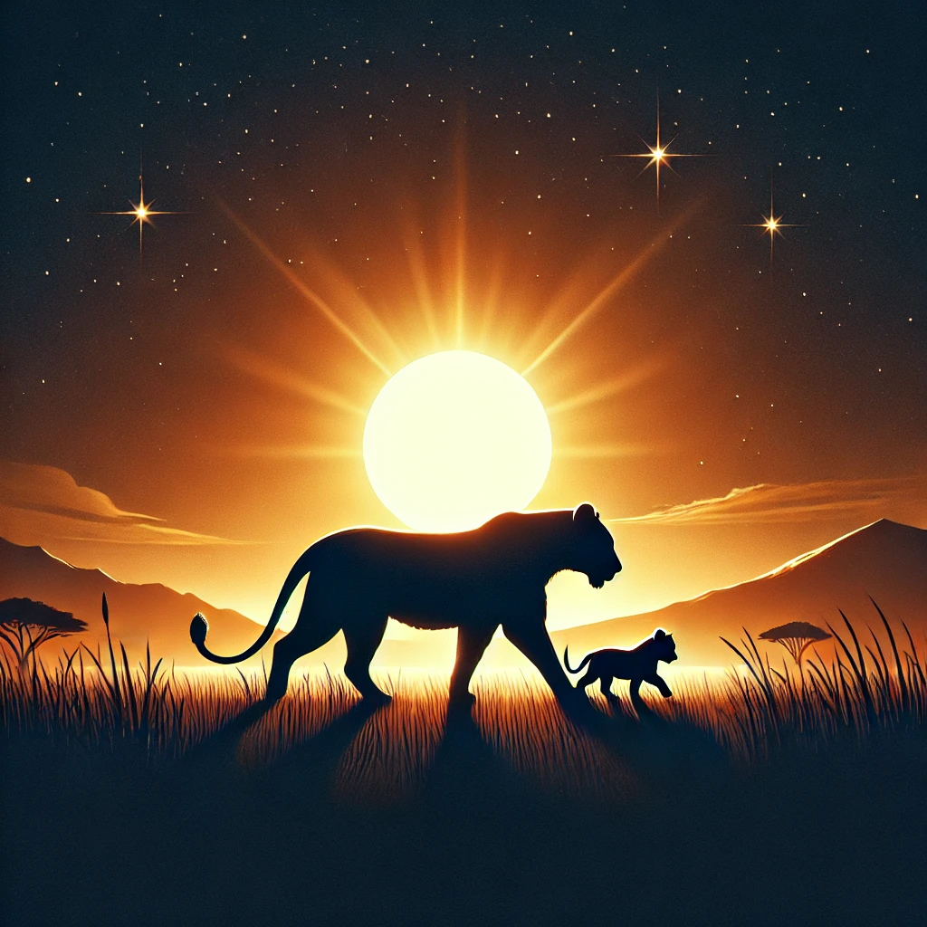 a Silhouette of a Lioness Walking with Her Cub at Sunrise over a Peaceful Savanna Evoking Themes of Hope Strength and Maternal Love