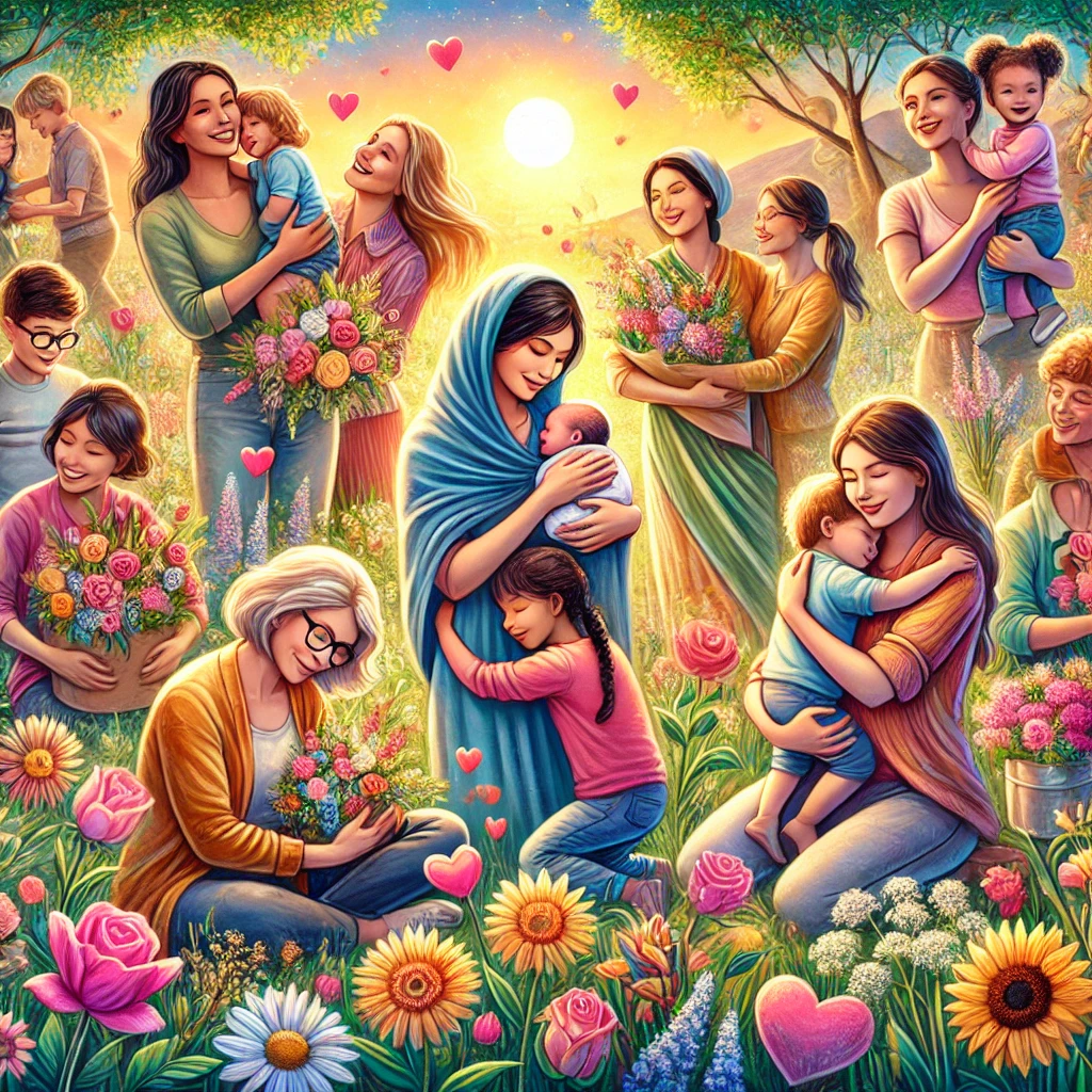 a Vibrant Illustration Showing a Diverse Group of Mothers Being Celebrated in a Serene Outdoor Setting Surrounded by Flowers Warm Light and Children Offering Hugs Symbolizing Unity Gratitude and the Universal Bond of Motherhood