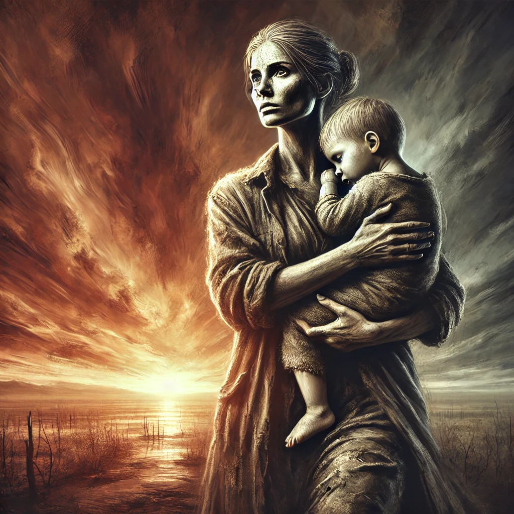 a Resilient Mother Standing Protectively with Her Child Against the Backdrop of a Dramatic Sunset