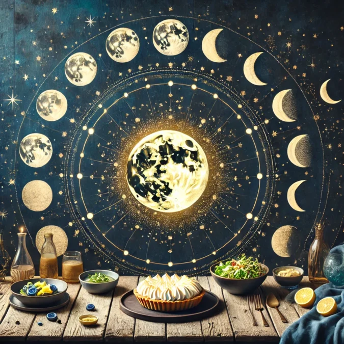 A celestial-themed image featuring a glowing full moon at the center, surrounded by subtle representations of lunar phases against a deep navy blue starry background. At the bottom, a rustic wooden table displays beautifully arranged dishes, including a lemon meringue pie, a bowl of soup, and a salad, evoking a sense of magic, warmth, and connection to the moon's cycles.