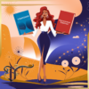 a Vibrant Eye catching Illustration of a Stylish Woman Standing Confidently in a Calm Yet Dynamic Environment Holding Two Books One Book is Titled Vempower and Has a Serene Blue Cover with Calming Abstract Patterns While the Other is Empowerment Redefined with a Bold Red Cover Symbolizing Strength Surround Her with Empowering Symbols Like Sunbursts Flowers Blooming and Subtle Glowing Energy Waves the Background is Artistic and Abstract with Warm and Cool Tones Blending Seamlessly to Reflect Balance and Transformation Make It Bold Chic and Modern with a Touch of Whimsy to Draw Attention