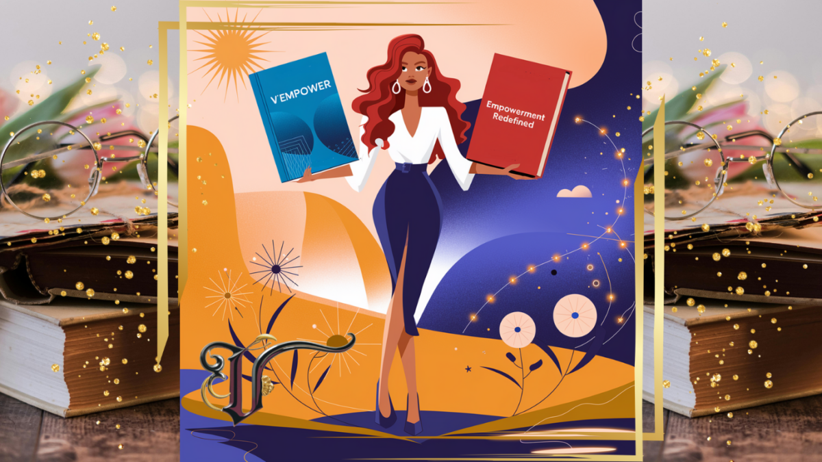 a Vibrant Eye catching Illustration of a Stylish Woman Standing Confidently in a Calm Yet Dynamic Environment Holding Two Books One Book is Titled Vempower and Has a Serene Blue Cover with Calming Abstract Patterns While the Other is Empowerment Redefined with a Bold Red Cover Symbolizing Strength Surround Her with Empowering Symbols Like Sunbursts Flowers Blooming and Subtle Glowing Energy Waves the Background is Artistic and Abstract with Warm and Cool Tones Blending Seamlessly to Reflect Balance and Transformation Make It Bold Chic and Modern with a Touch of Whimsy to Draw Attention