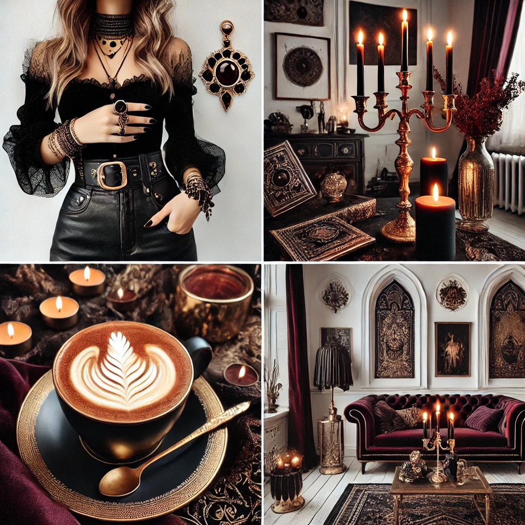 Collage style Lifestyle Voguegenics Where Style Sass and Life Hacks Collide a Collage style Gothic themed Lifestyle Image Featuring Key Elements a Chic Outfit with Accessories a Cozy Candlelit Wellness Corner a Luxurious Latte with Gold Accents and a Beautifully Styled Gothic modern Living Room the Design Incorporates Deep Burgundy Black and Gold Tones Creating a Cohesive and Elegant Aesthetic
