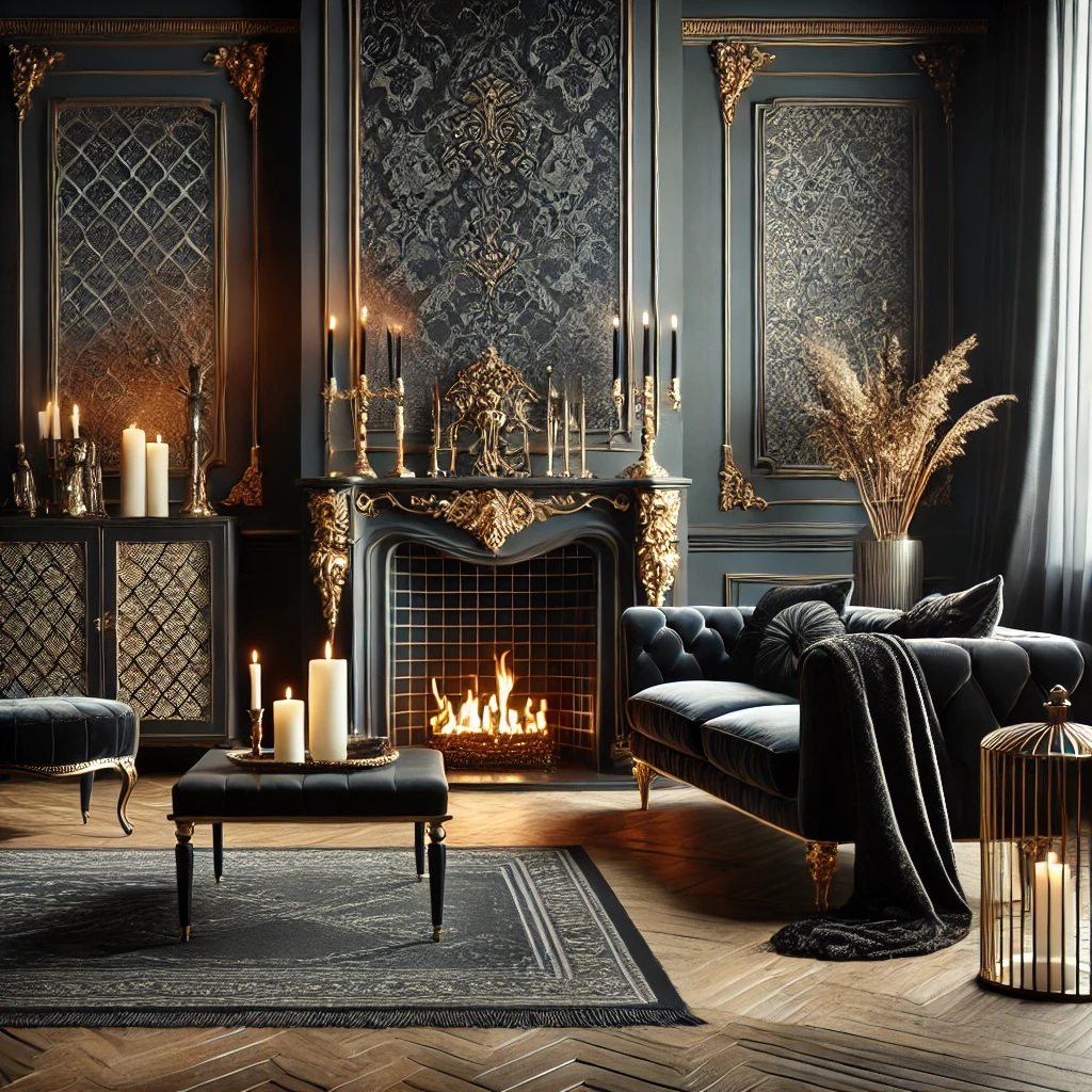 Curate Your Space Voguegenics Where Style Sass and Life Hacks Collide a Gothic modern Living Room Featuring Luxurious Furniture with Dark Tones a Velvet Sofa Gold Accents and Moody Lighting the Setting Includes a Fireplace with Intricate Detailing Candles and Subtle Damask Patterns Creating an Inviting and Stylish Atmosphere