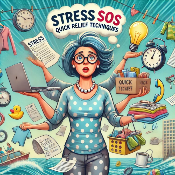A cartoonish illustration of an overwhelmed middle-aged woman juggling stressors like a laptop, a to-do list, a coffee cup, and laundry, with the text "Stress SOS: Quick Relief Techniques" clearly displayed in bold, fun font. The chaotic background includes scattered items such as papers, clocks, and kids' toys, while a glowing lightbulb and a calming lake scene appear in a thought bubble above her head, symbolizing stress relief. The image is vibrant, engaging, and perfect for a blog post about stress relief.