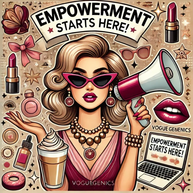 A cartoon-style illustration of a chic, stylish woman holding a latte and a megaphone, surrounded by beauty products, a laptop, and glowing wellness symbols. The character wears trendy sunglasses and accessories, with a confident pose and exaggerated features. A bold banner above her reads 'Empowerment Starts Here!' against a vibrant background with shades of burgundy, gold, and tan, accented with sparkles and stars. The design exudes confidence, flair, and a playful yet empowering vibe, perfectly aligned with Voguegenics’ mission.