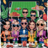 a Quirky Exaggerated Caricature of a Super Bowl Scene Featuring a Group of Stylish People at a Football Party Theyre Wearing Over the top Fashion Like Metallic Jackets Giant Sunglasses and Bold Accessories While Holding Plates Piled High with Snacks Like Chips Dips and Jalapeño Poppers in the Background Theres a Large Tv Showing the Football Game but the Focus is on the Ridiculous Snack Table and Fashion Showdown the Image Should Be Colorful Lively and Humorous with Playful Proportions and Details Like Oversized Foam Fingers Dramatic Poses and a Fun Energetic Atmosphere Think of It As a Playful Parody of a Super Bowl Party with a High fashion Twist