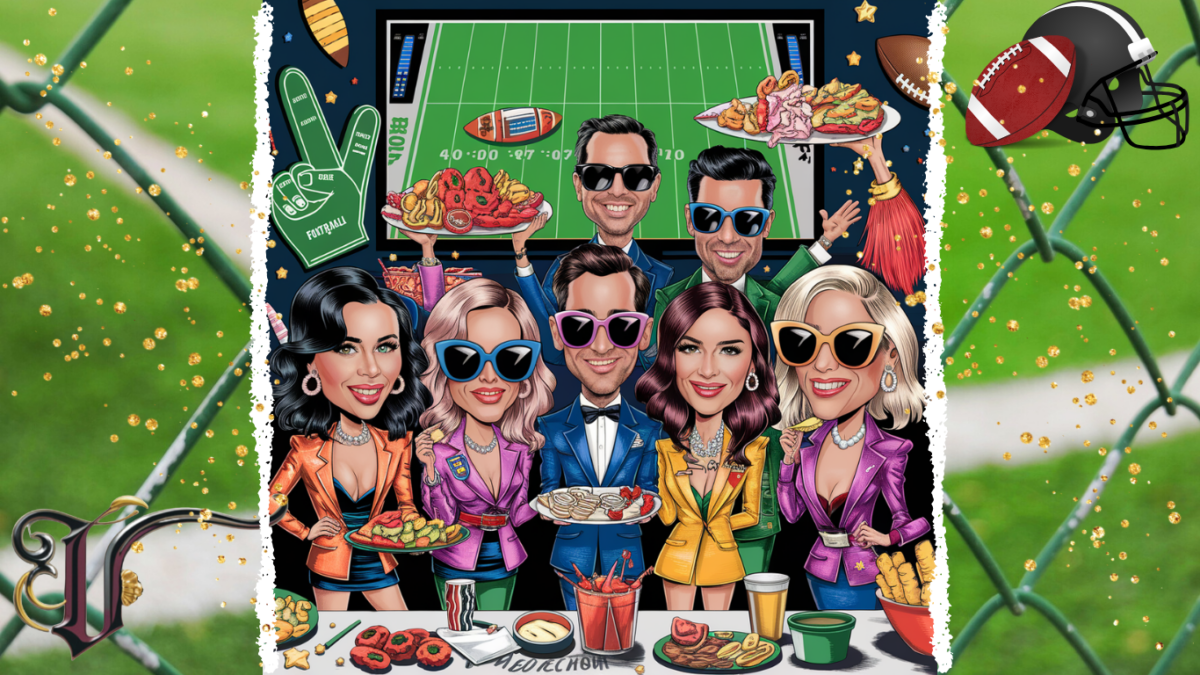 A quirky, exaggerated caricature of a Super Bowl scene, featuring a group of stylish people at a football party. They’re wearing over-the-top fashion like metallic jackets, giant sunglasses, and bold accessories while holding plates piled high with snacks like chips, dips, and jalapeño poppers. In the background, there’s a large TV showing the football game, but the focus is on the ridiculous snack table and fashion showdown. The image should be colorful, lively, and humorous, with playful proportions and details like oversized foam fingers, dramatic poses, and a fun, energetic atmosphere. Think of it as a playful parody of a Super Bowl party with a high-fashion twist.