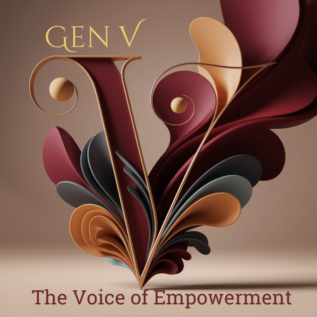 Logo for Gen V Podcast, featuring a 3D-rendered ornate letter V in burgundy, gold, and black tones with the tagline 'The Voice of Empowerment.'