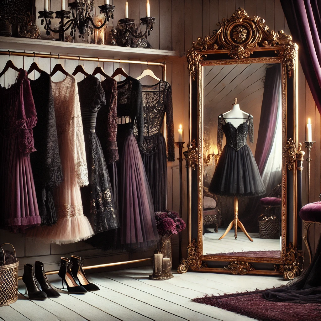 Gothic Wardrobe Voguegenics Where Style Sass and Life Hacks Collide a Gothic chic Wardrobe Scene Featuring Elegant Dresses Accessories and a Full length Mirror with Ornate Detailing the Setting Includes Deep Burgundy Black and Gold Tones with Soft Lighting Creating a Luxurious and Stylish Atmosphere