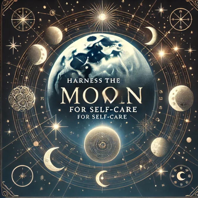 A captivating celestial-themed blog header featuring a crescent moon surrounded by radiant gold and soft, swirling star patterns against a deep, gradient blue and black background. The design exudes a luxurious and mystical vibe, perfect for aligning with themes of lunar cycles and self-care.