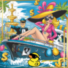 an Over the top Lottery Fantasy a Glamorous Woman in a Massive Floppy Hat Lounging on a Luxurious Yacht with a Champagne Fountain in the Background Tropical Waters and a Confident Man in a Captains Hat Steering the Boat