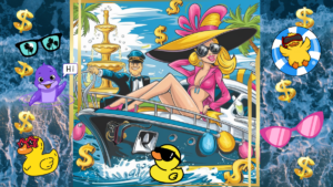 an Over the top Lottery Fantasy a Glamorous Woman in a Massive Floppy Hat Lounging on a Luxurious Yacht with a Champagne Fountain in the Background Tropical Waters and a Confident Man in a Captains Hat Steering the Boat