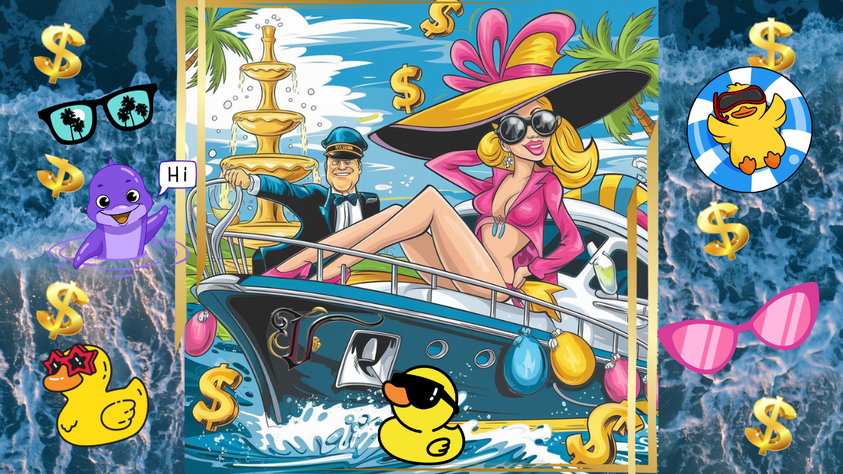 an Over the top Lottery Fantasy a Glamorous Woman in a Massive Floppy Hat Lounging on a Luxurious Yacht with a Champagne Fountain in the Background Tropical Waters and a Confident Man in a Captains Hat Steering the Boat