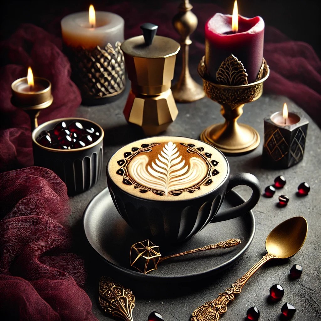 Savor Every Sip Voguegenics Where Style Sass and Life Hacks Collide a Gothic themed Food and Drink Scene Featuring a Luxurious Latte with Intricate Foam Art in a Dark Mug Accompanied by a Gold Spoon a Burgundy Napkin and Soft Candlelight in the Background the Setting is Moody Inviting and Elegant