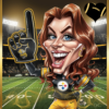 a Bold Eye catching Caricature of a Die hard Pittsburgh Steelers Fan Draped in Black and Gold Gear Waving a Foam Finger with an Excited Expression a Football Field in the Background with Stadium Lights Shining Bright the Style Should Be Exaggerated Fun and Engaging to Capture the High energy Spirit of Sports Fandom