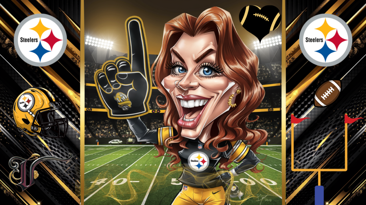 a Bold Eye catching Caricature of a Die hard Pittsburgh Steelers Fan Draped in Black and Gold Gear Waving a Foam Finger with an Excited Expression a Football Field in the Background with Stadium Lights Shining Bright the Style Should Be Exaggerated Fun and Engaging to Capture the High energy Spirit of Sports Fandom