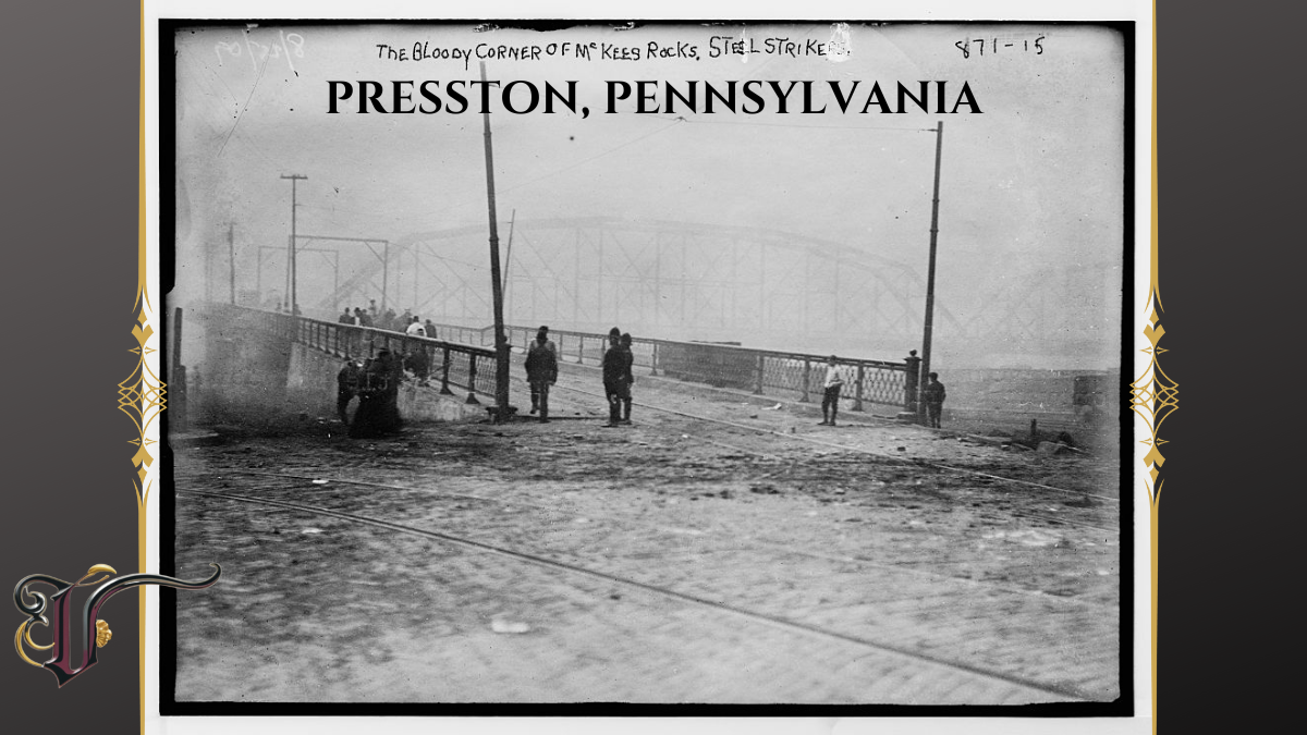 Steel strikers at the "Bloody Corner of McKees Rocks" Footbridge described in the marker is shown in photo Library of Congress Prints and Photographs Division