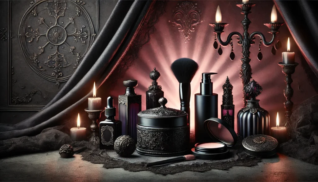 Voguegenics Beauty Image Voguegenics Where Style Sass and Life Hacks Collide Sophisticated Gothic style Beauty Scene Featuring Skincare Products and Makeup Tools on an Elegant Moody Background with Intricate Detailing