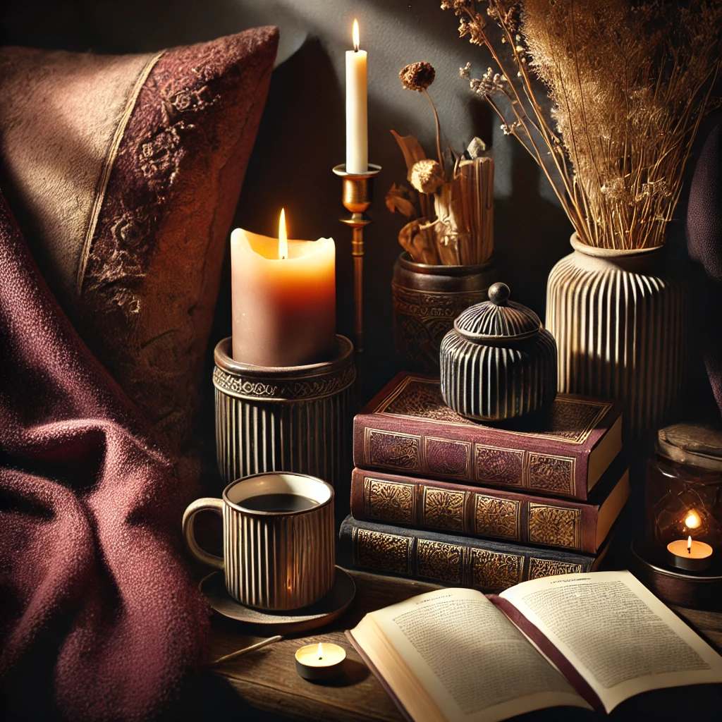 Wellness Worth Celebrating Voguegenics Where Style Sass and Life Hacks Collide a Cozy Gothic themed Wellness Scene Featuring a Candlelit Corner with a Stack of Books a Warm Blanket and Soft Shadows the Setting Includes Deep Burgundy Black and Gold Accents Creating a Moody and Relaxing Atmosphere