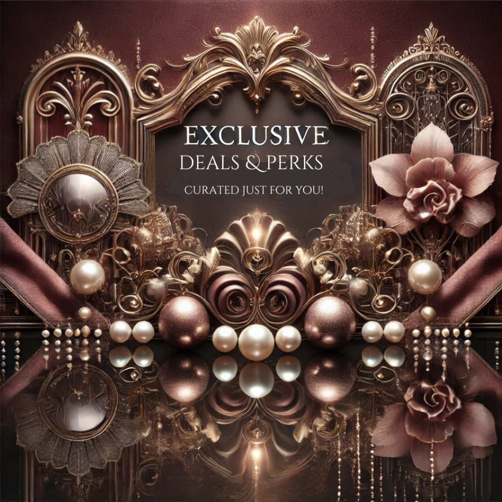 Deals Perks Voguegenics Where Style Sass and Life Hacks Collide a Sophisticated Gothic inspired Header Image Showcasing Exclusive Deals and Premium Perks from Curated Partners in Beauty Fashion and Wellness the Design Includes Intricate Metallic Embellishments Pearls and Reflective Textures on a Deep Burgundy Background Radiating Luxury and Elegance