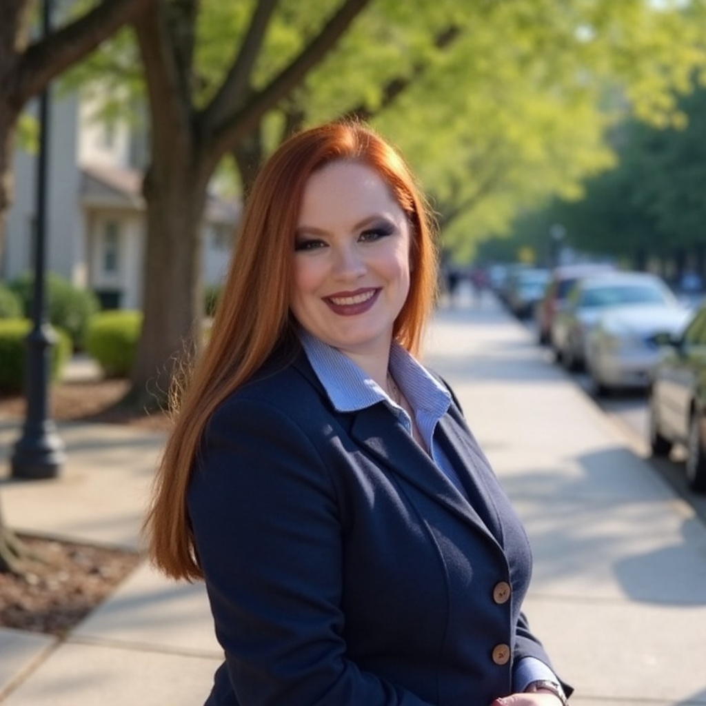 Dorey Duncan Scott smiling outdoors in professional attire, standing confidently on a sunny street with trees and cars in the background.