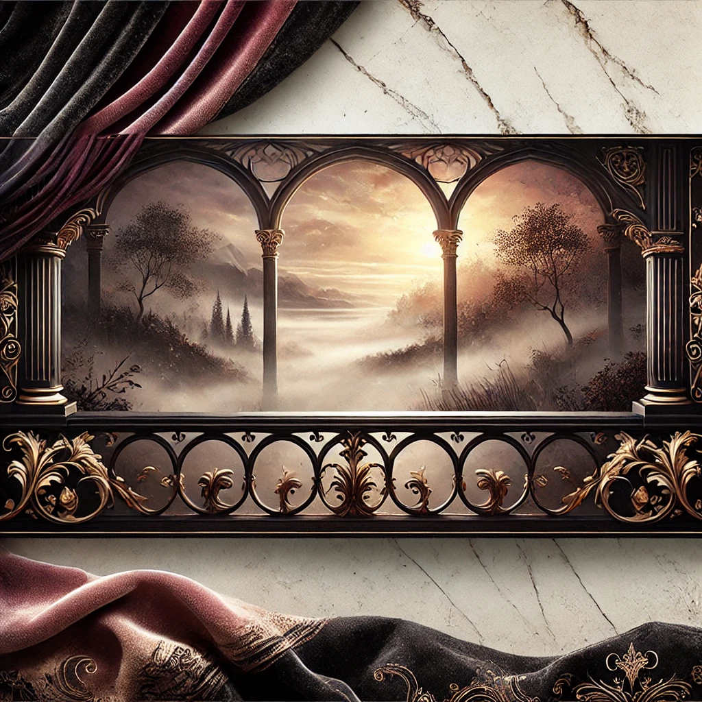Gothic lifestyle tips header banner Voguegenics Where Style Sass and Life Hacks Collide an Elegant Gothic themed Banner Featuring an Ornate Wrought Iron Balcony Overlooking a Misty Ethereal Landscape Soft Golden Sunlight Breaks Through the Clouds Illuminating Deep Burgundy and Black Accents with Luxurious Textures Like Velvet and Subtle Damask Patterns Creating a Moody Yet Inviting Atmosphere