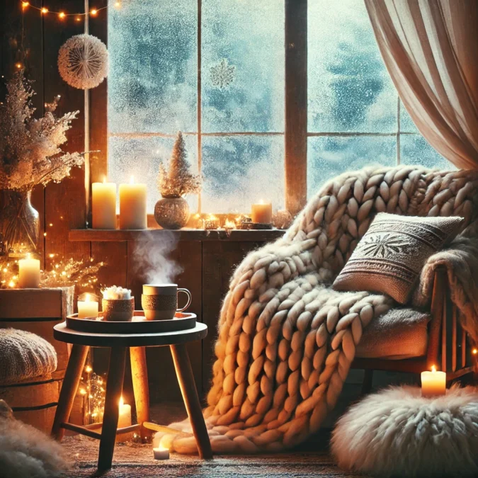 Cozy winter hygge scene featuring a warm and inviting room with soft candlelight and fairy lights. A chunky knit blanket is draped over a comfortable armchair next to a rustic wooden table holding a steaming latte. Fluffy pillows and a frosted window with snow falling gently outside complete the serene atmosphere.