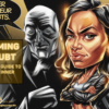 a Bold and Dynamic Caricature of a Determined Woman Standing Confidently in Front of a Shadowy Exaggerated inner Saboteur Figure Whispering Doubts the Womans Posture is Strong Her Chin Lifted and Shes Bathed in Golden Light Symbolizing Self confidence the Background is a Sleek Motivational Black and Gold Gradient Evoking Strength and Resilience