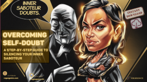 a Bold and Dynamic Caricature of a Determined Woman Standing Confidently in Front of a Shadowy Exaggerated inner Saboteur Figure Whispering Doubts the Womans Posture is Strong Her Chin Lifted and Shes Bathed in Golden Light Symbolizing Self confidence the Background is a Sleek Motivational Black and Gold Gradient Evoking Strength and Resilience