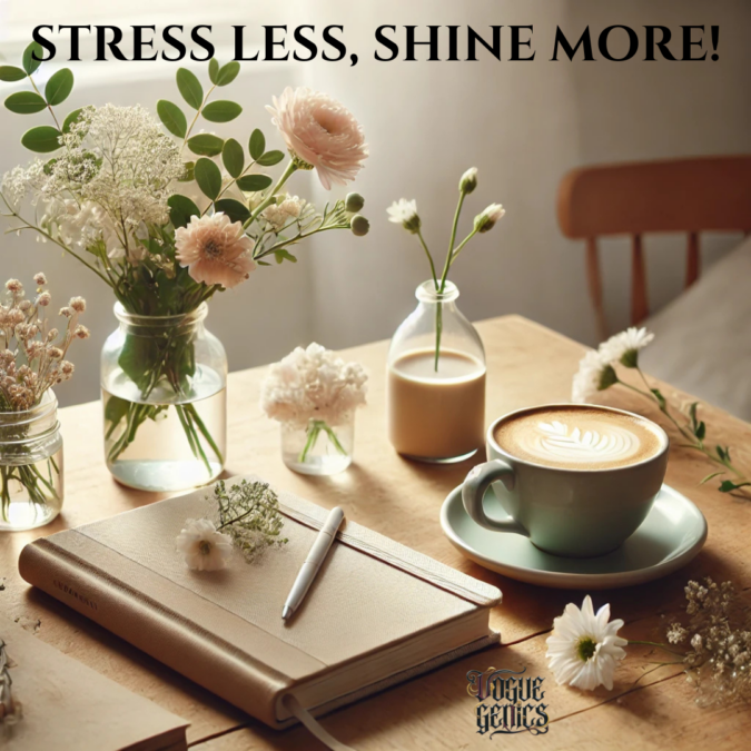 A calming morning setup with a latte, journal, and flowers, symbolizing mindfulness