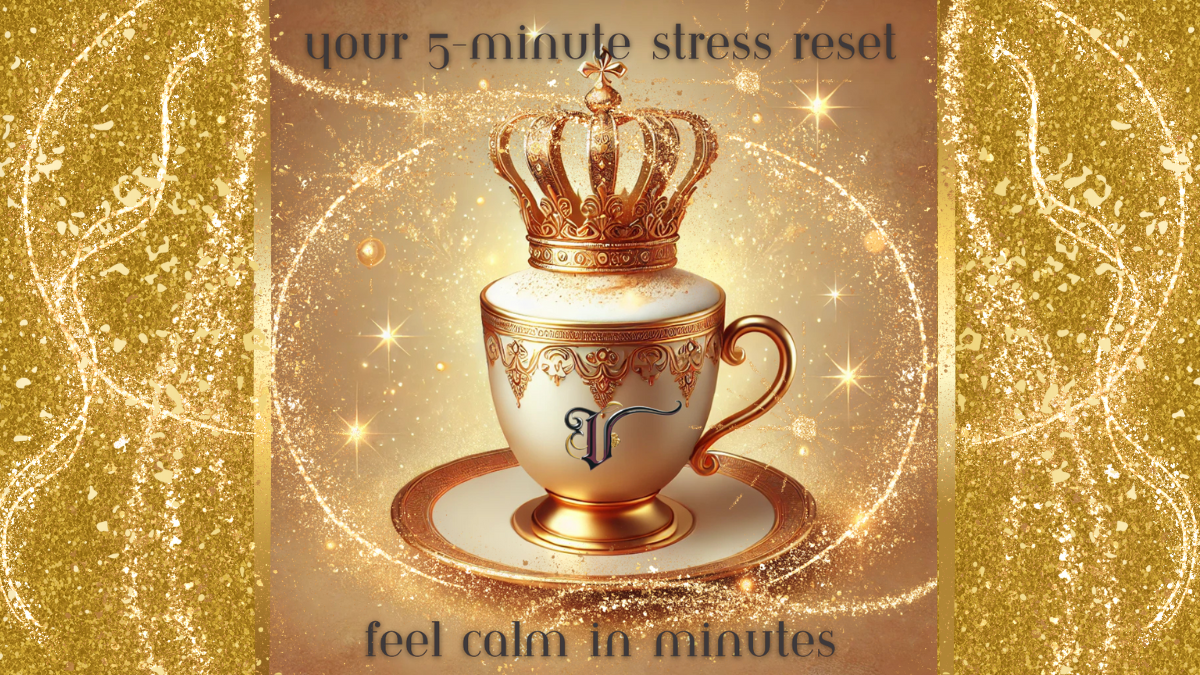 A luxurious golden teacup with intricate gold embellishments sits on a matching saucer. The cup is topped with a sparkling golden crown, radiating a regal aura. Delicate golden sparkles swirl around the cup, creating a magical effect. The background is a rich, glittering gold with elegant flourishes on the sides. The text above the cup reads, "Your 5-Minute Stress Reset," while the text below says, "Feel calm in minutes." The Voguegenics "V" logo is elegantly placed on the front of the cup.