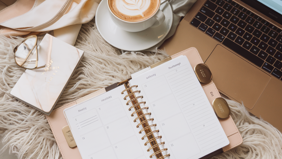A beautifully arranged flat lay featuring a steaming latte in a gold-rimmed cup, a stylish planner, and an open laptop on a marble desk. The setting exudes elegance, productivity, and a cozy yet luxurious vibe.