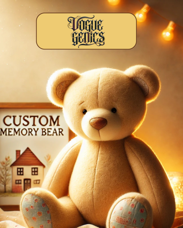 a Handcrafted Memory Bear Made from Sentimental Fabric Sitting on a Cozy Surface with Warm Lighting Representing Nostalgia Comfort and Cherished Memories