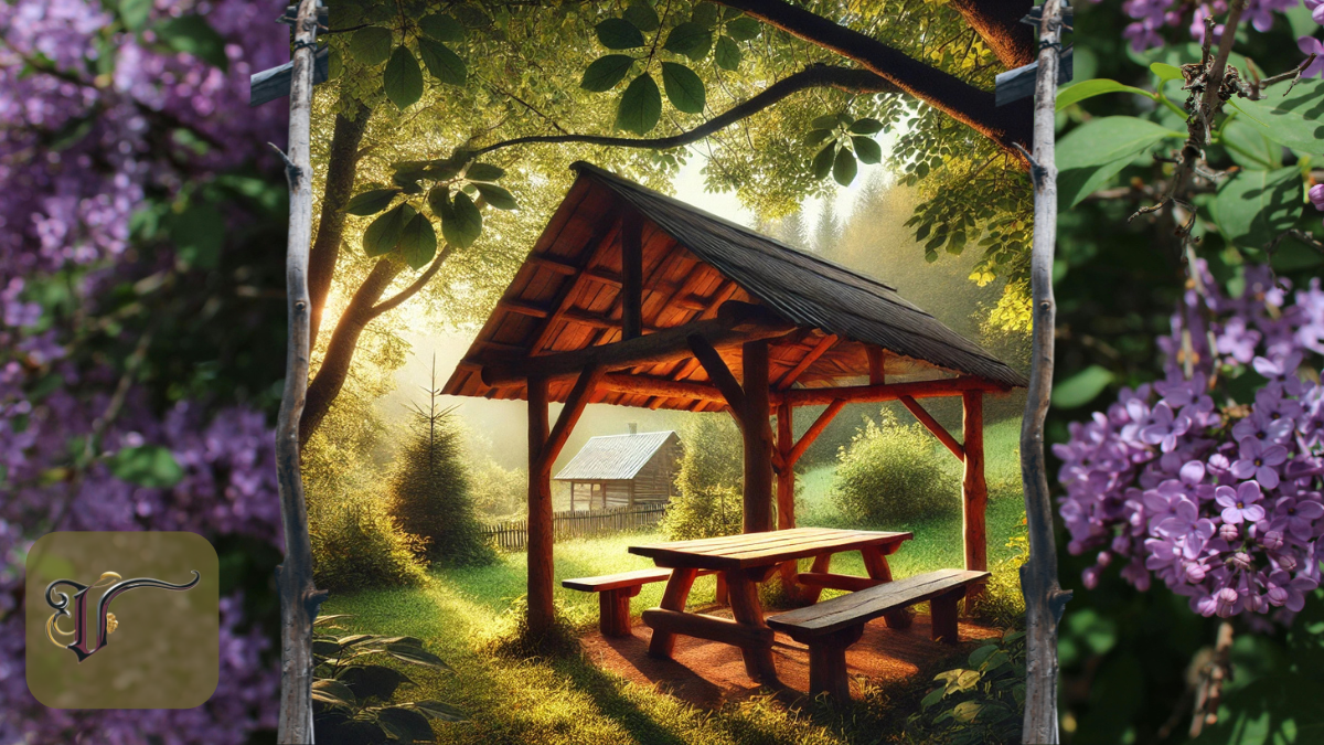 A rustic wooden picnic shelter in a peaceful country backyard, surrounded by lush greenery and tall trees. Sunlight filters through the leaves, casting a warm glow on the wooden beams and picnic table underneath. The setting evokes nostalgia, family gatherings, and a deep sense of home and legacy.