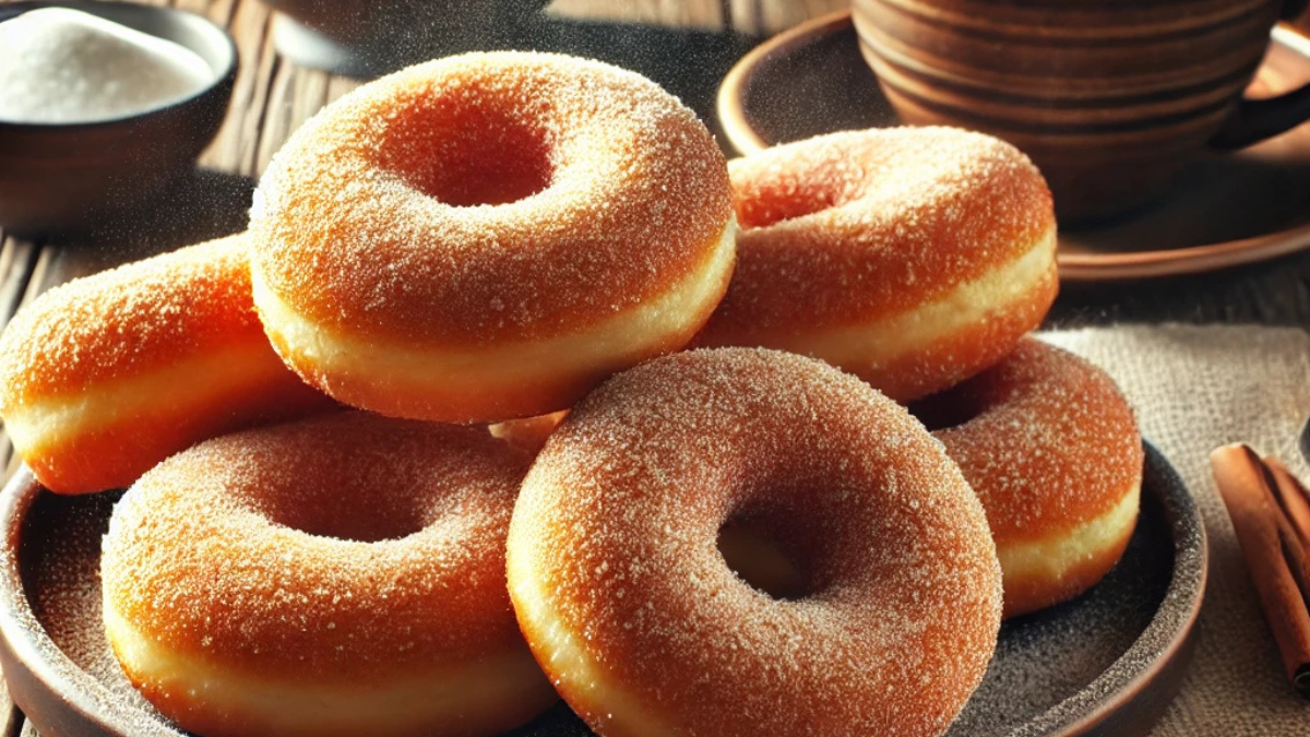 Golden brown homemade sugar donuts on a plate with cinnamon and latte in the background.