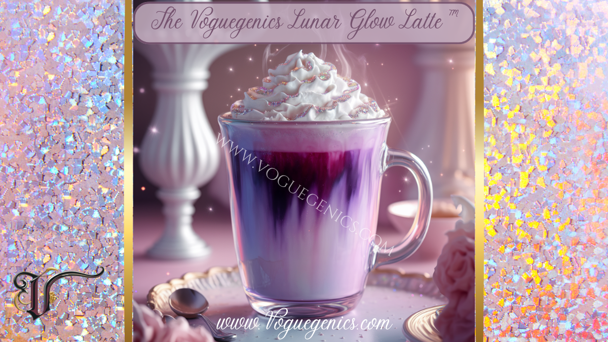 The Voguegenics Lunar Glow Latte™ A stunning, color-changing latte in a clear glass mug, shifting from deep purple to soft pink. Topped with whipped cream and edible glitter, with soft, warm lighting and dreamy café vibes.