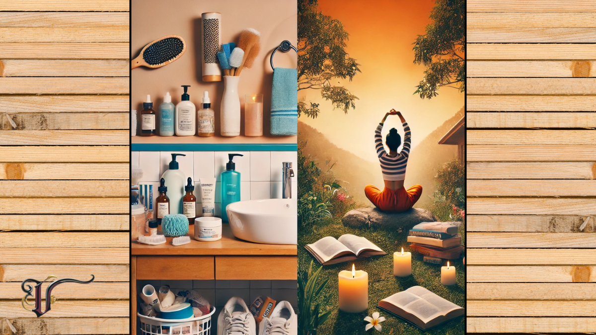 A visually compelling image contrasting 'real self-care' (hydration, movement, nature) with 'marketed self-care' (luxury beauty products and spa trends), illustrating the difference between consumer-driven wellness and holistic well-being.