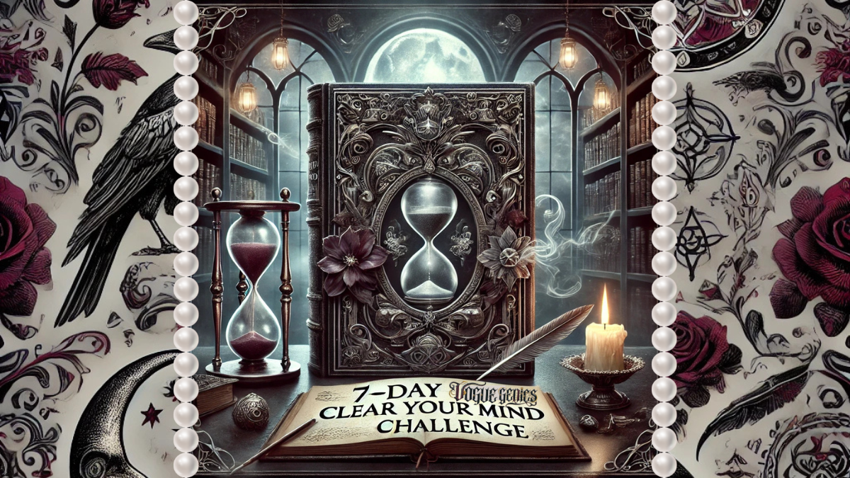 A dark, gothic-style digital illustration featuring an ornate book with a silver-embossed cover that reads "7-Day Clear Your Mind Challenge." The book is surrounded by a glowing hourglass, a flickering candle, a quill, and parchment, with mystical mist swirling around. The background showcases a gothic library with arched windows, wrought iron details, and moonlight streaming in. The color palette includes deep burgundy, black, and silver, evoking an eerie yet elegant atmosphere.