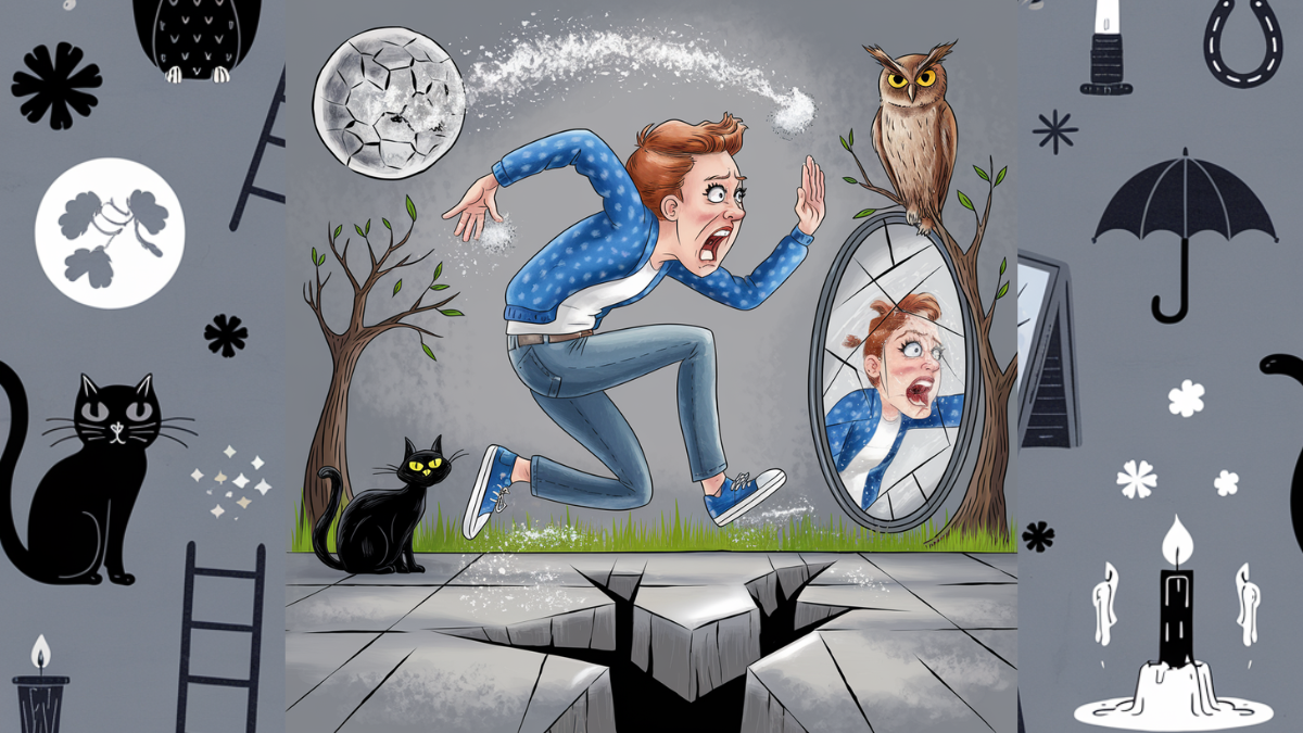 A humorous and whimsical digital illustration of a superstitious person in full panic mode. The character, dressed in a blue polka-dot jacket and jeans, is mid-sprint, dramatically flinging salt over their shoulder while looking terrified. Their reflection in a broken mirror behind them mirrors their frantic expression. A black cat with glowing yellow eyes sits nearby, while an ominous owl with piercing eyes perches on a tree, adding to the sense of paranoia. The background features a cracked sidewalk, a glowing full moon, and sparse, eerie trees. Surrounding the main image is a seamless wallpaper pattern filled with various superstitious symbols, including black cats, broken mirrors, four-leaf clovers, candles, ladders, and umbrellas. The overall color scheme is moody gray with pops of black and white, reinforcing the theme of bad omens and luck-related paranoia.