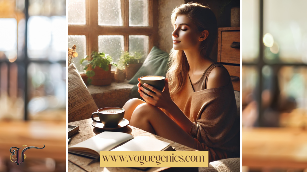 A peaceful and cozy scene of a woman relaxing with a warm latte by a sunlit window. She has a serene expression, embracing a moment of stillness. Nearby, a journal and an open book rest untouched, symbolizing the beauty of doing nothing. The atmosphere is warm and calming, with soft earthy tones creating a tranquil, mindful ambiance.