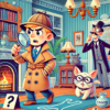 A vibrant, cartoon-style background featuring large colorful question marks, detective tools like magnifying glasses, footprints, and hidden clues. The design is playful and mystery-themed, perfect for adding a fun detective vibe.