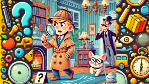 A vibrant, cartoon-style background featuring large colorful question marks, detective tools like magnifying glasses, footprints, and hidden clues. The design is playful and mystery-themed, perfect for adding a fun detective vibe.