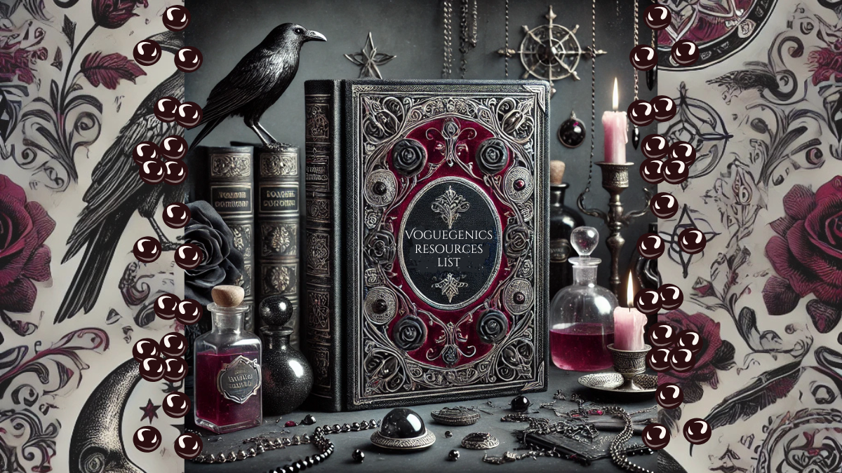 a Dark Gothic style Digital Image Featuring an Ornate Black and Burgundy Book with Intricate Silver Detailing on Its Cover Labeled voguegenics Resources List the Book is Surrounded by an Elegant Mystical Scene a Black Raven Perched on Vintage Leather bound Books Victorian style Jewelry Potion Bottles and Burning Candles Casting a Moody Glow the Background Includes Astrological Symbols Chains and a Gothic Apothecary Aesthetic the Entire Composition is Framed by a Seamless Wallpaper Pattern Featuring Roses Filigree Swirls Crescent Moons and Gothic inspired Elements in Burgundy Black and Gray Tones the Overall Aesthetic is Mysterious Vintage and Opulent 🖤🔮✨
