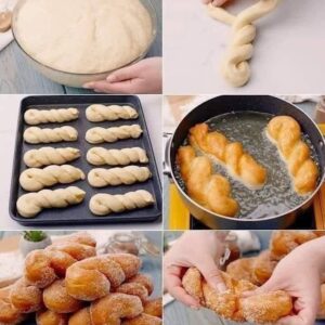 Step-by-step process of making twisted sugar donuts—from dough rising, shaping, frying, to sugar-coating the final treat.
